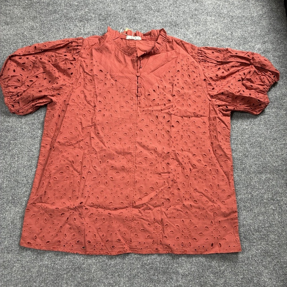UVN Terracotta Rust Eyelet Lace Top Puff Sleeve Ruffle Neck Blouse Sz XL